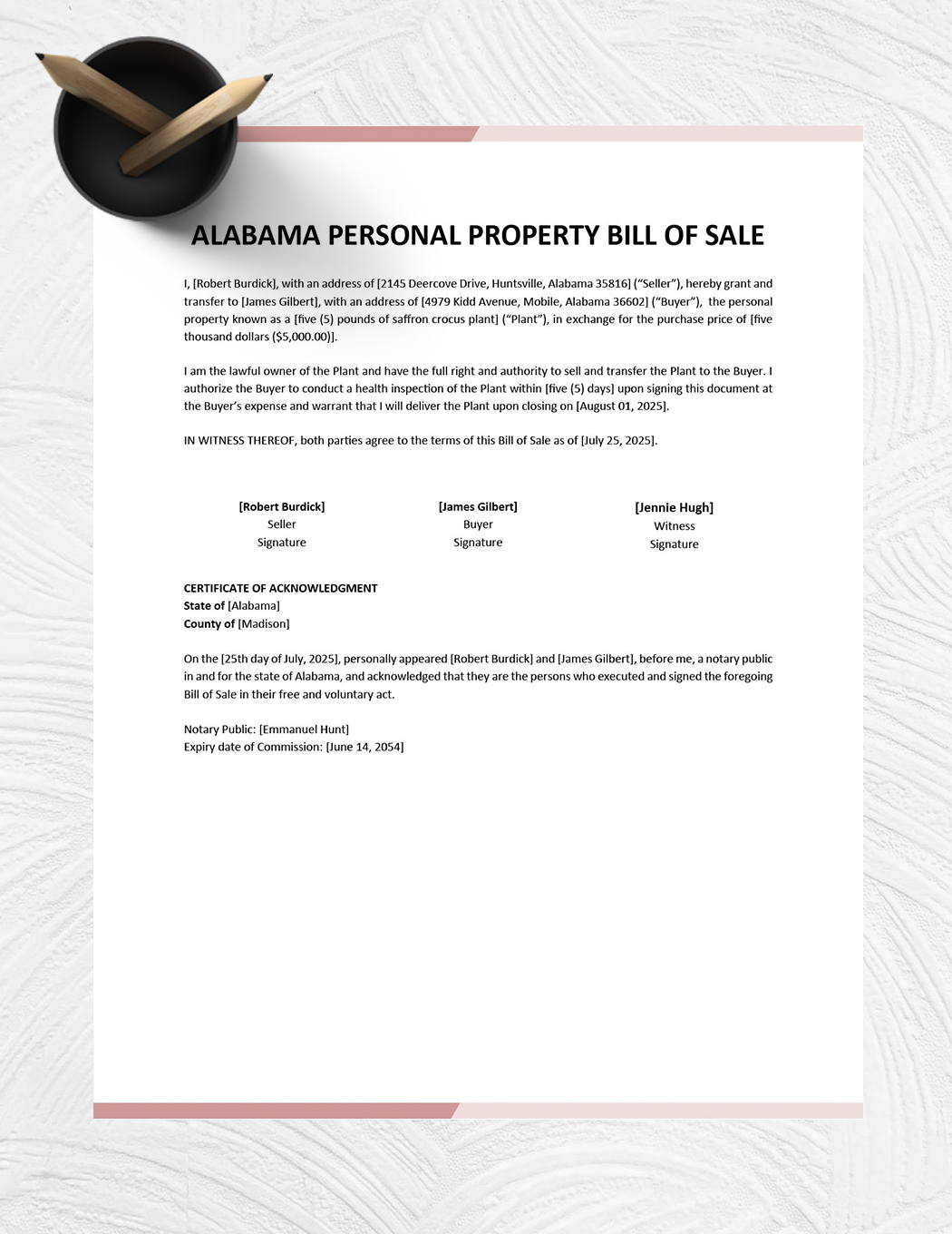 Alabama Personal Property Bill of Sale Template