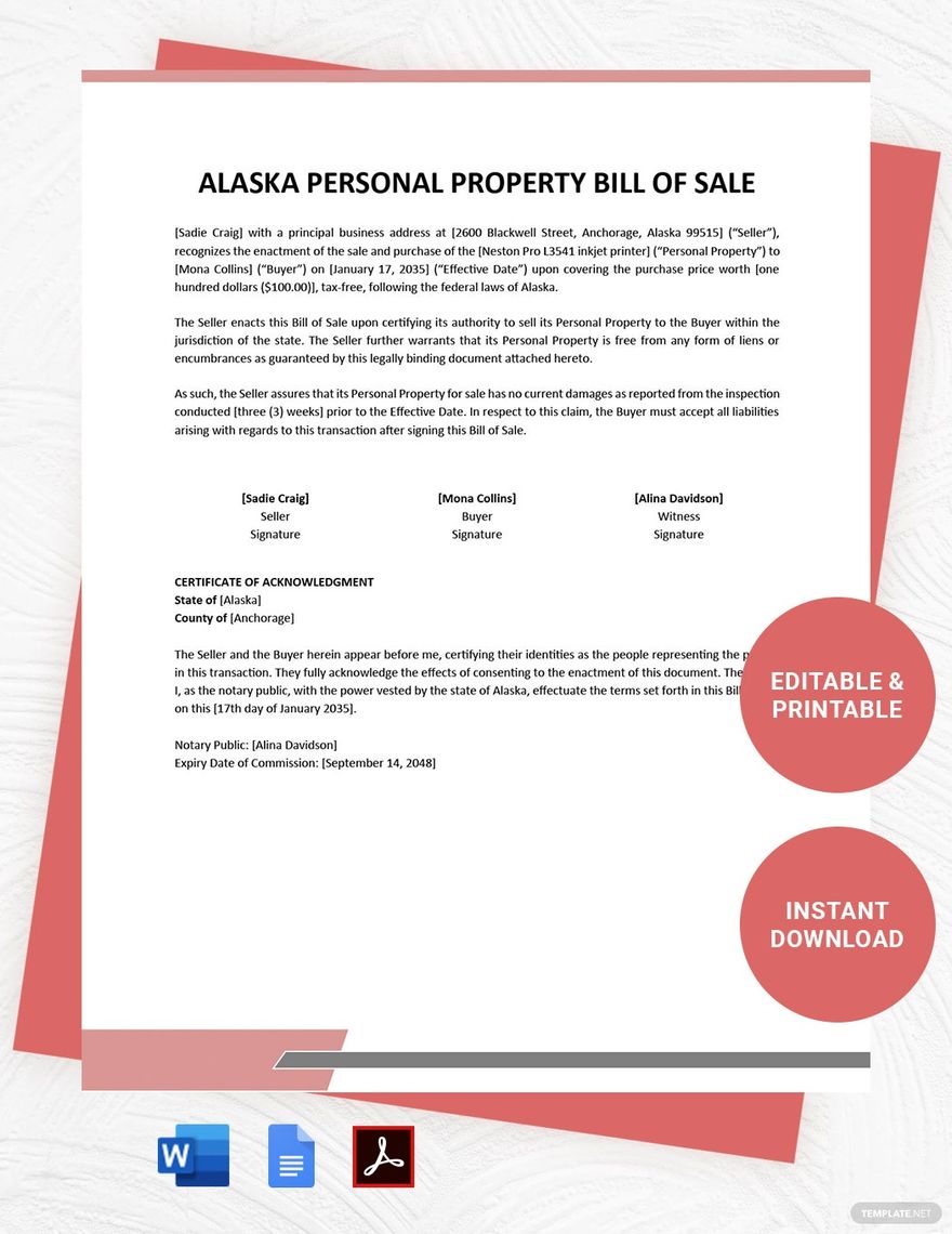 Alaska Personal Property Bill of Sale Template in PDF Word Google