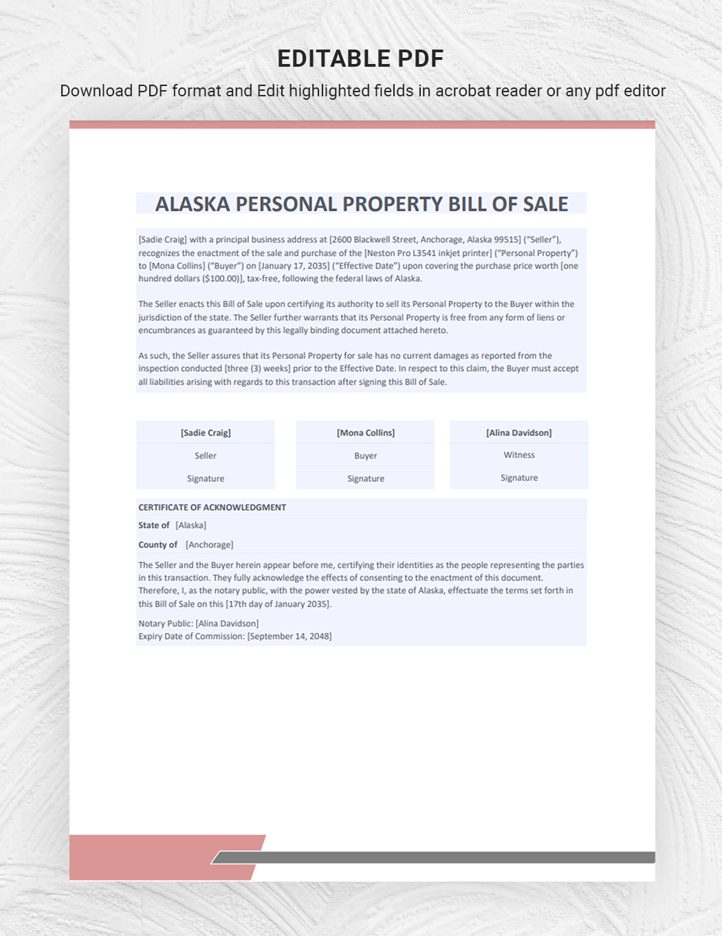 Alaska Personal Property Bill of Sale Template