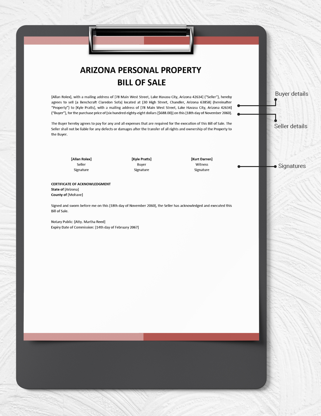 Arizona Personal Property Bill of Sale Template