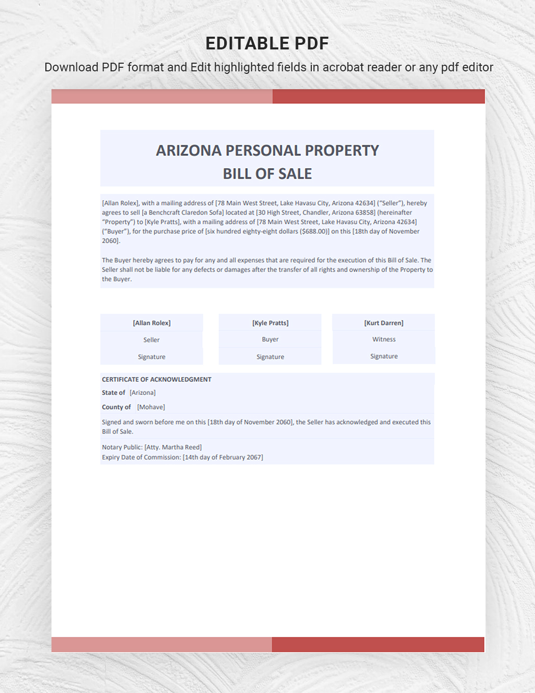 Arizona Personal Property Bill of Sale Template