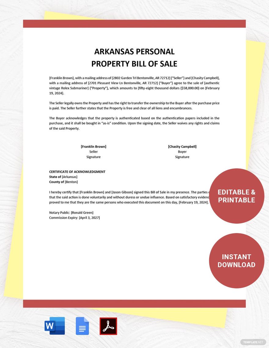 Arkansas Personal Property Bill of Sale Template in Word, Google Docs, PDF