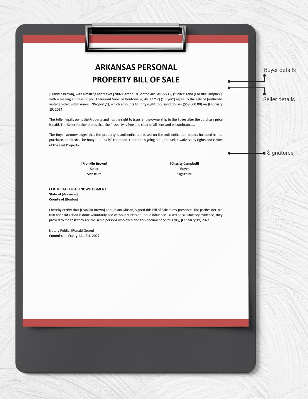 Arkansas Personal Property Bill of Sale Template