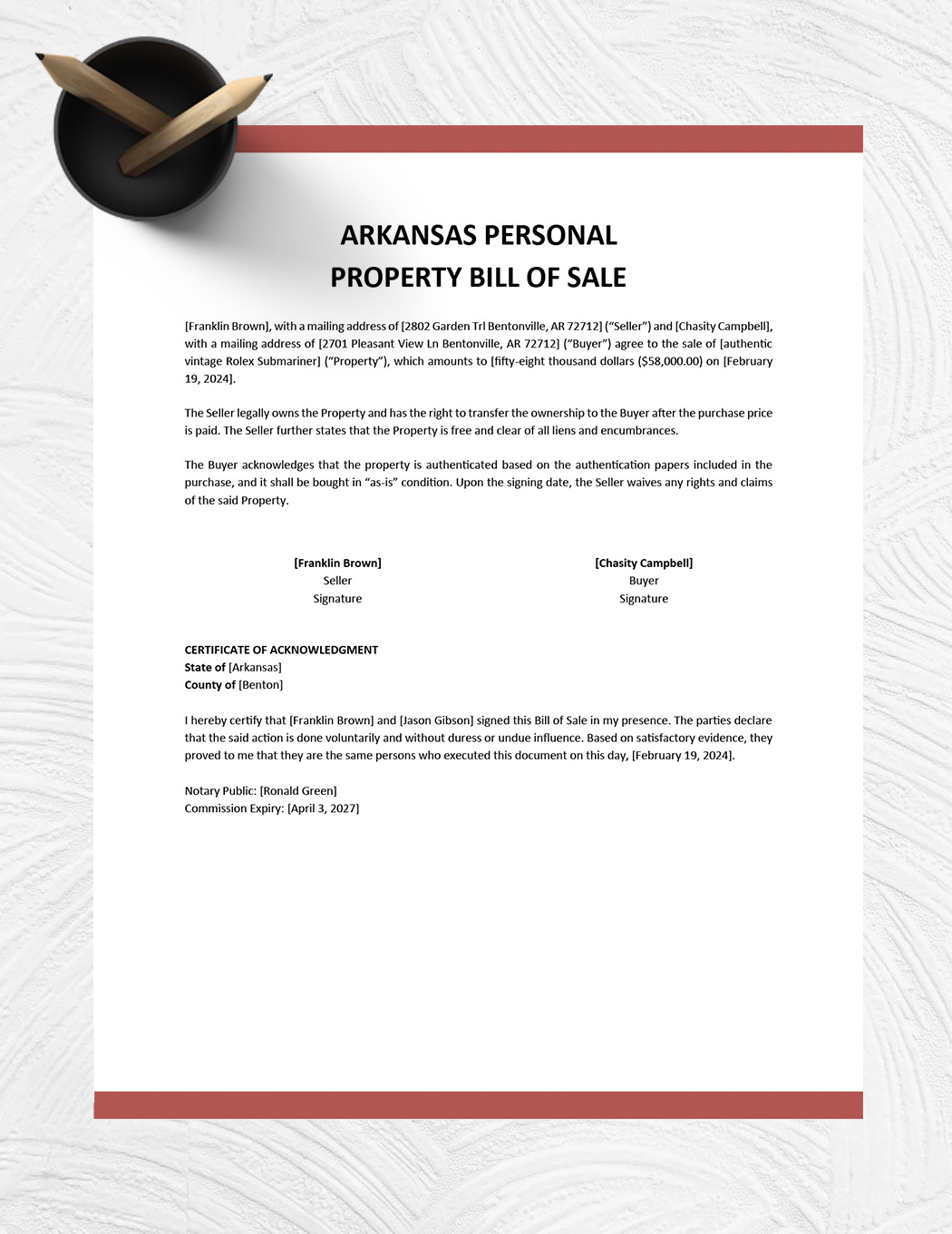 Arkansas Personal Property Bill of Sale Template