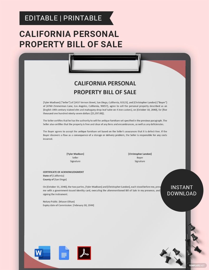 California Personal Property Bill of Sale Template