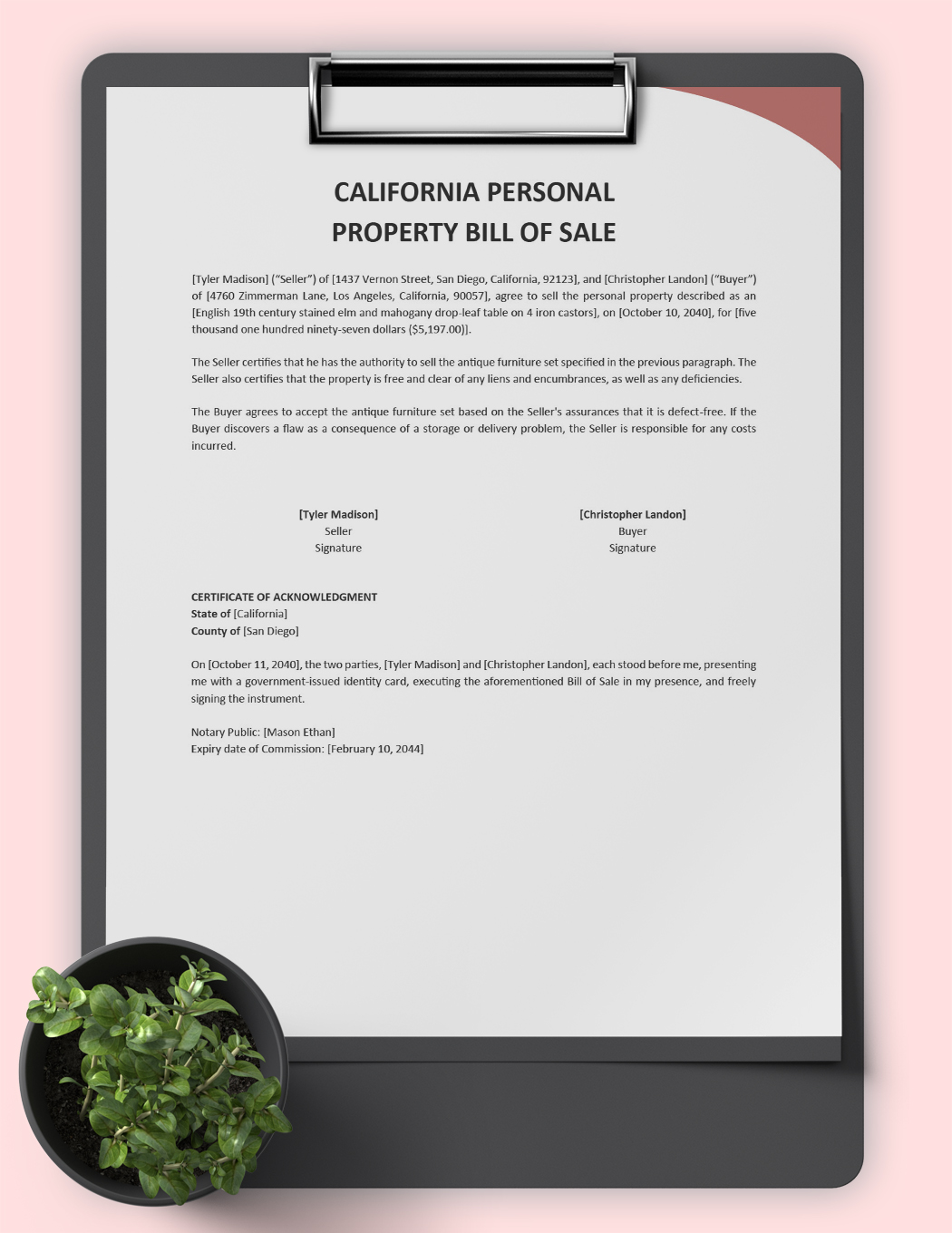 California Personal Property Bill of Sale Template