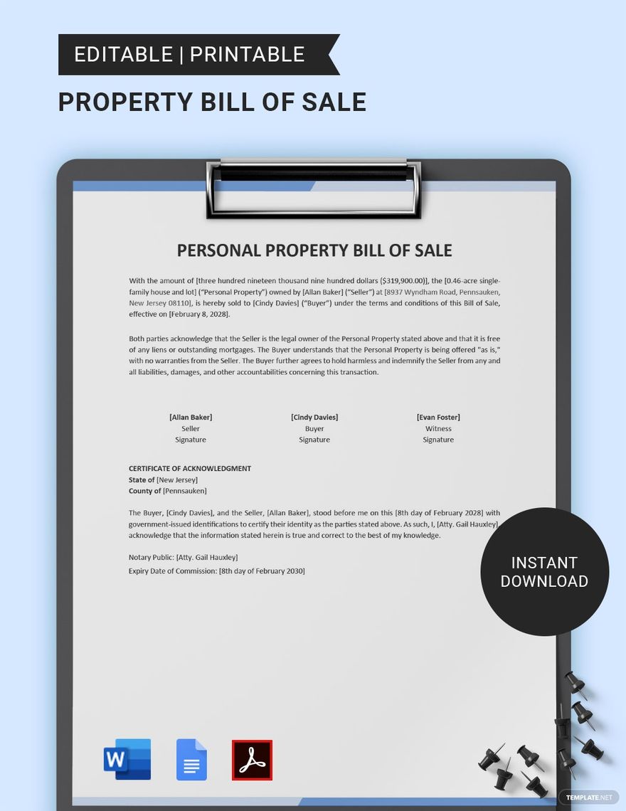 Personal Property Bill of Sale Template in Word, Google Docs, PDF