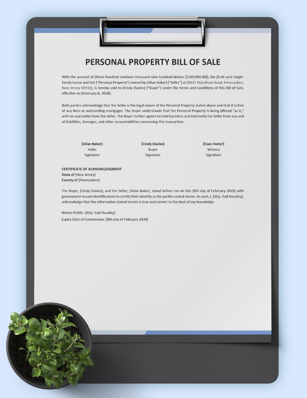 Personal Property Bill of Sale Template
