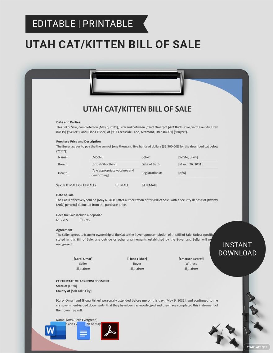 Utah Cat/Kitten Bill of Sale Template in Word, Google Docs, PDF