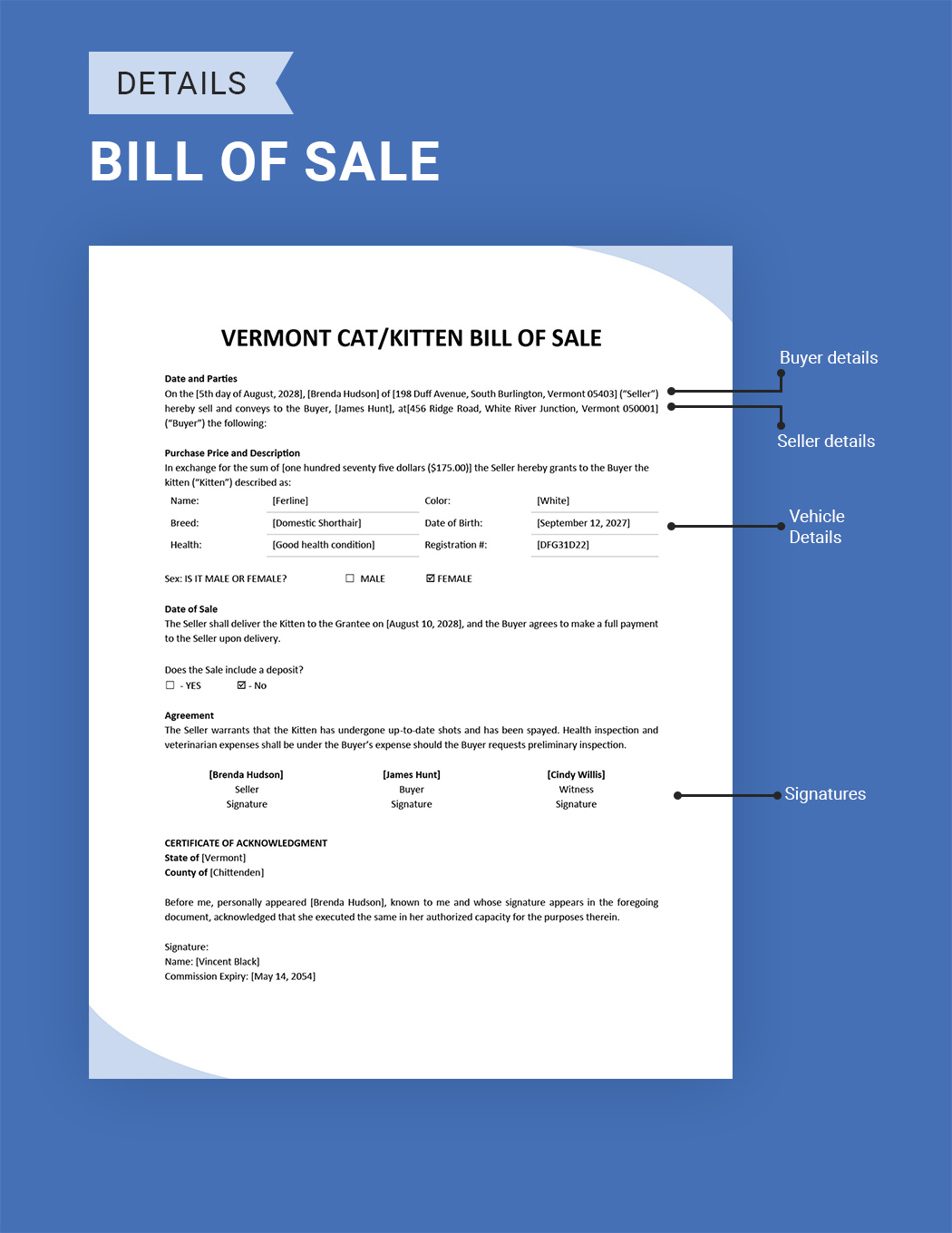 Vermont Cat/Kitten Bill of Sale Template