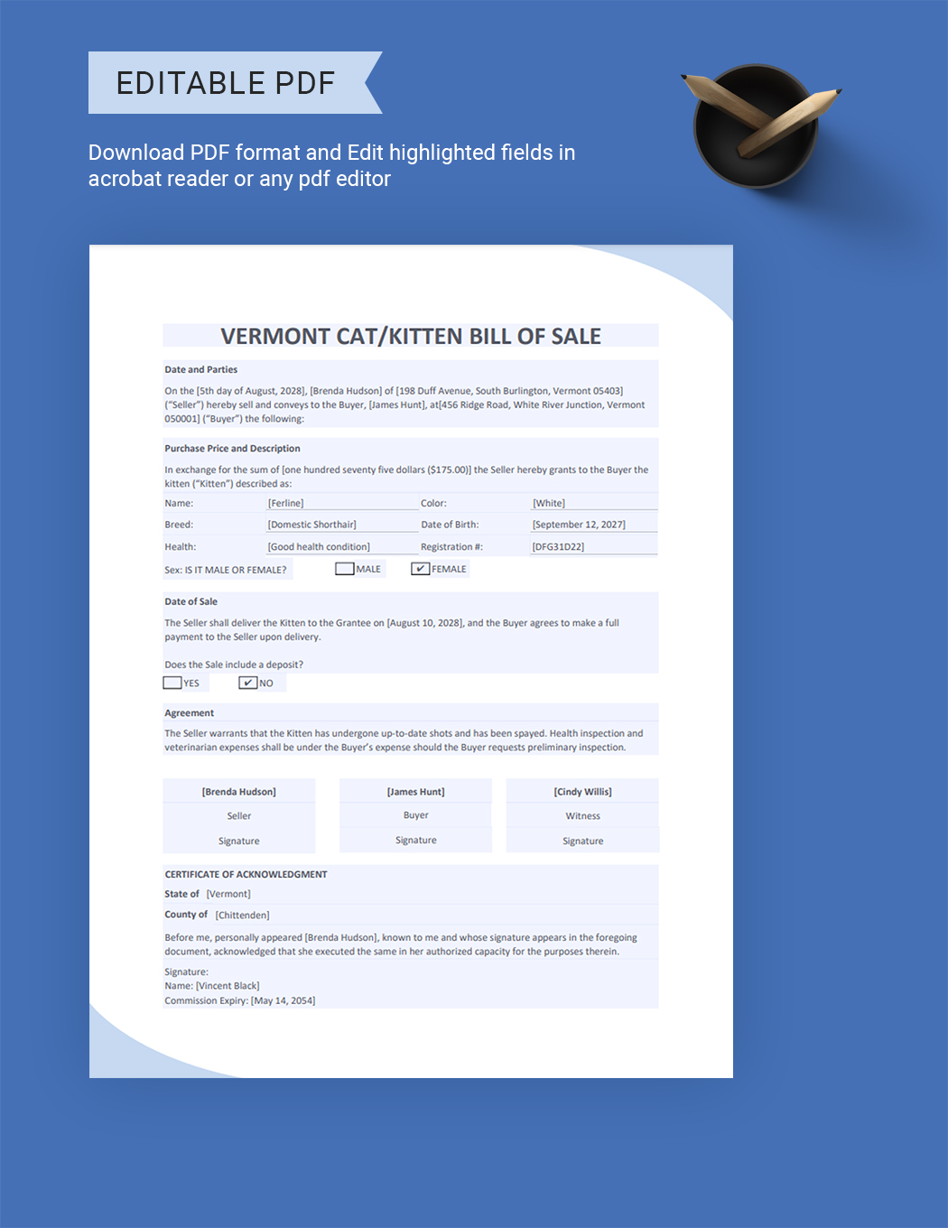 Vermont Cat/Kitten Bill of Sale Template