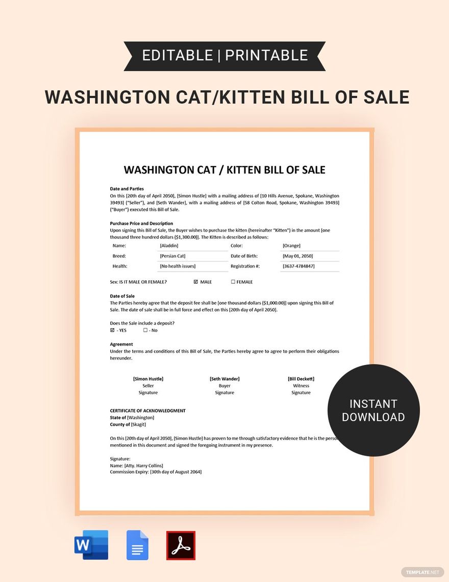 Washington Cat/Kitten Bill of Sale Template in Word, Google Docs, PDF