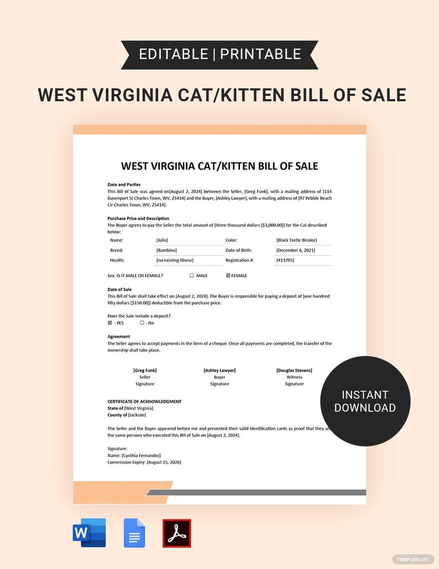 West Virginia Cat/Kitten Bill of Sale Template in Word, Google Docs, PDF