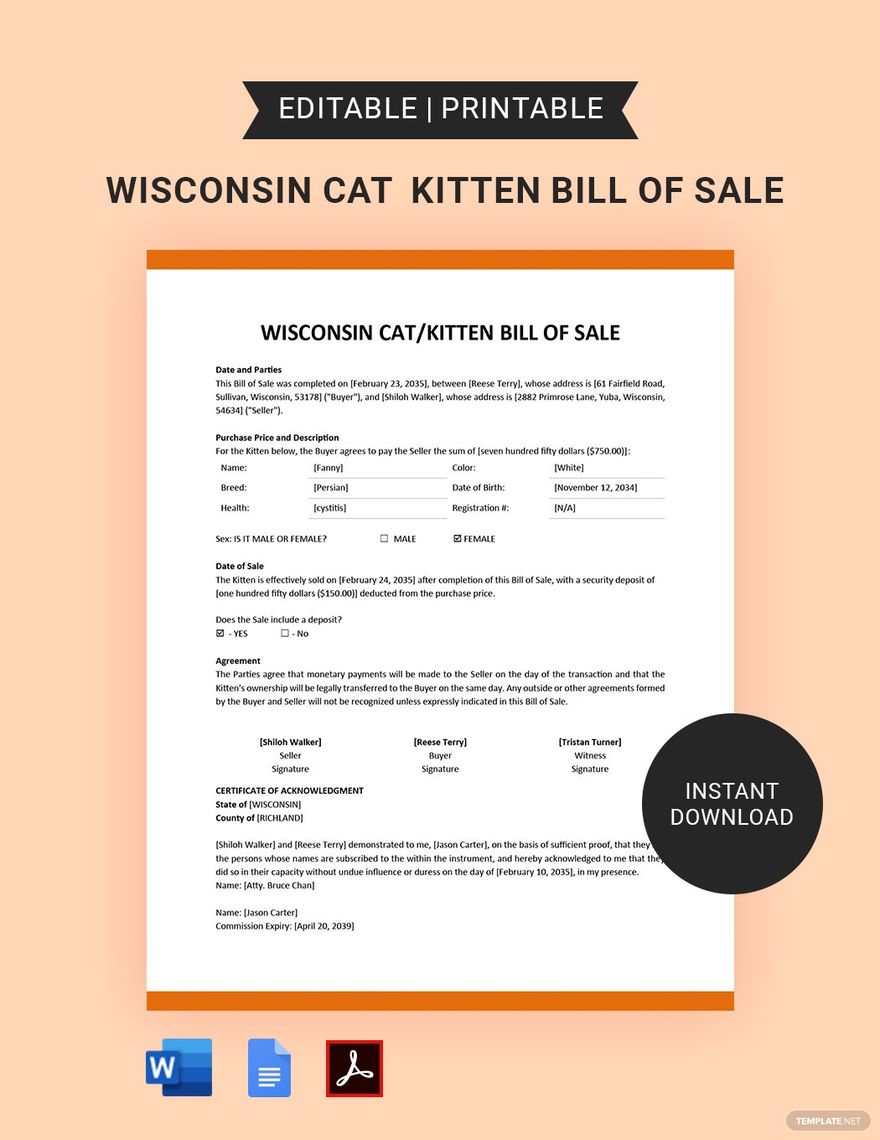 Wisconsin Cat/Kitten Bill of Sale Template in Word, Google Docs, PDF