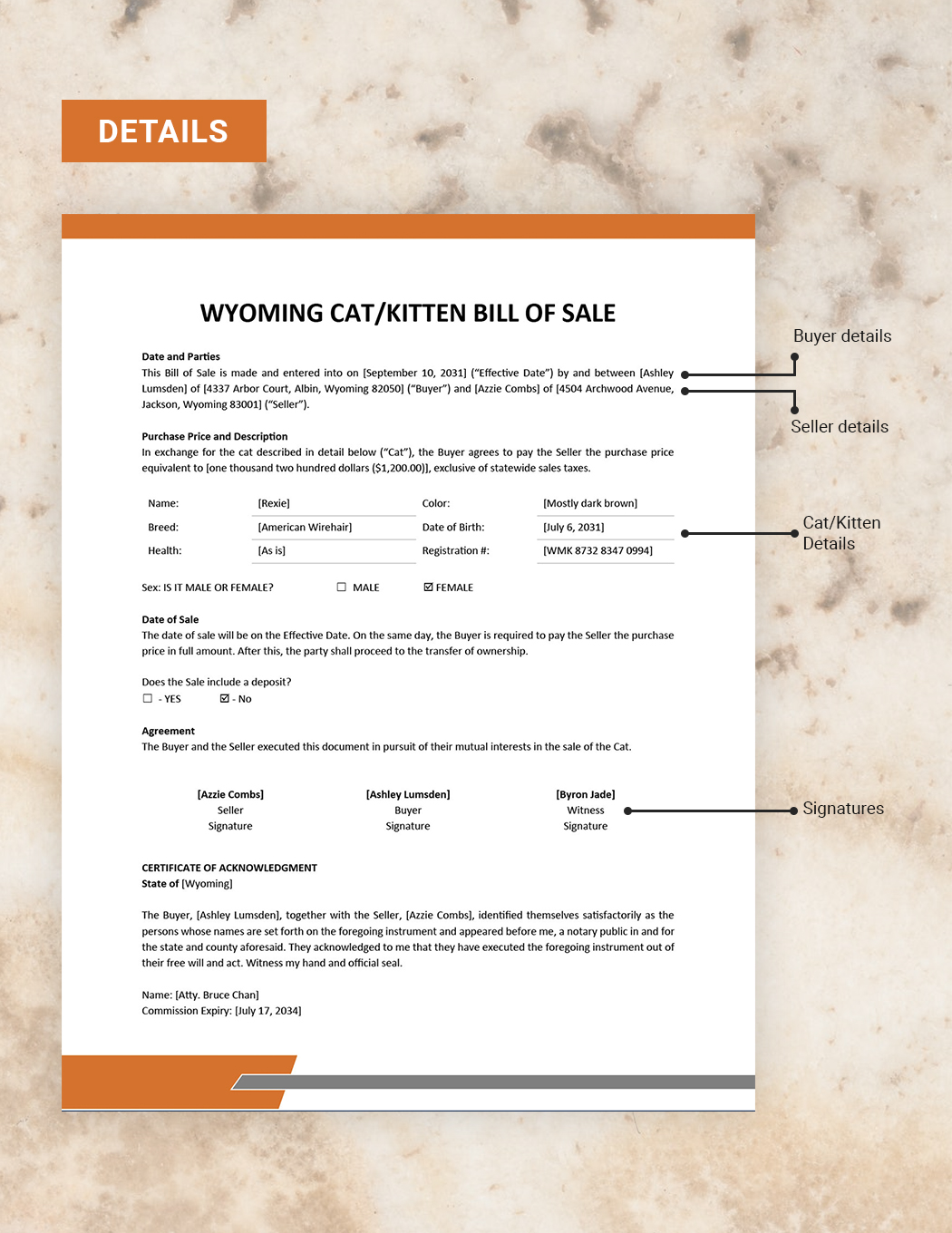 Wyoming Cat/Kitten Bill Of Sale Template