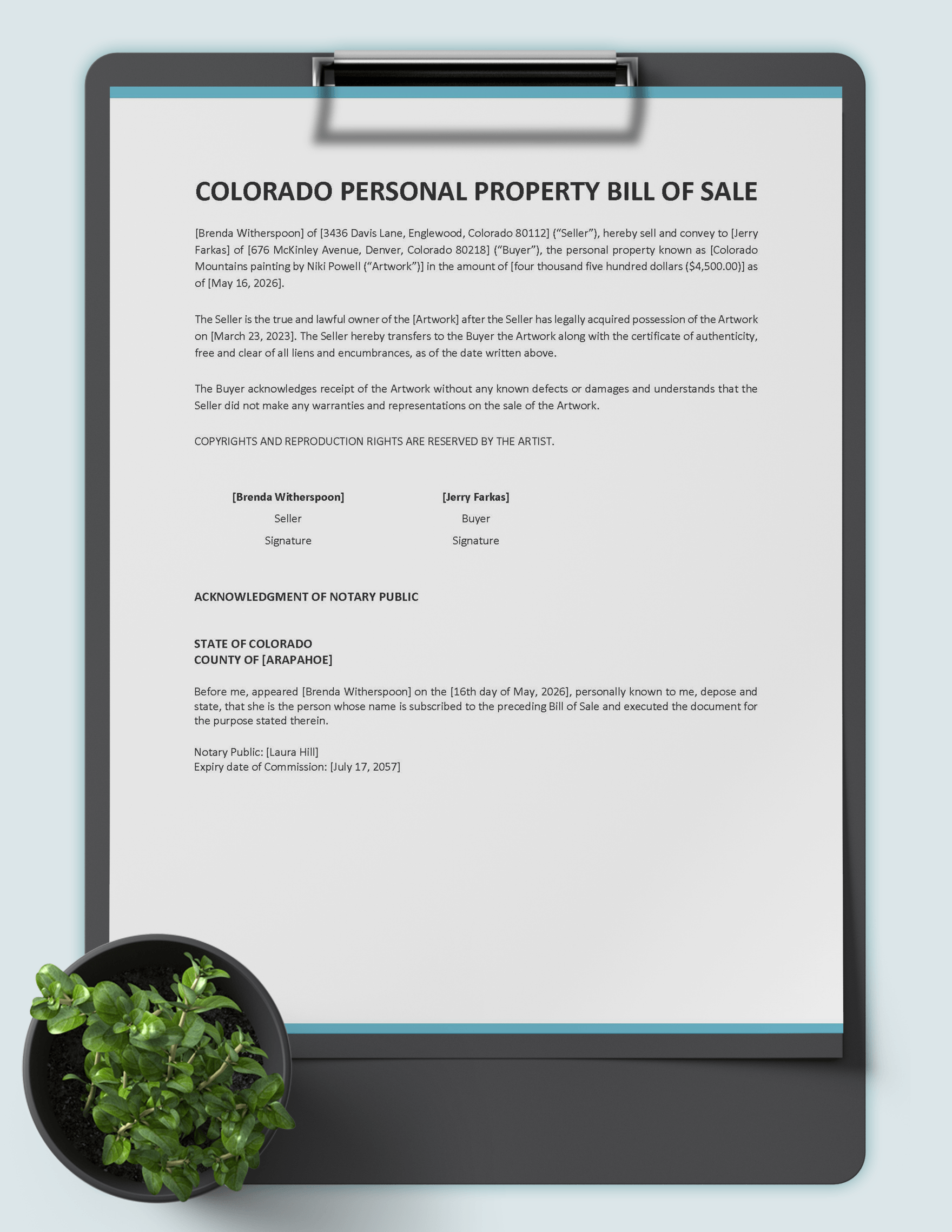 Colorado Personal Property Bill of Sale Template
