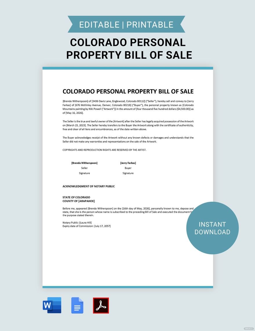 Colorado Personal Property Bill of Sale Template in Word, Google Docs, PDF