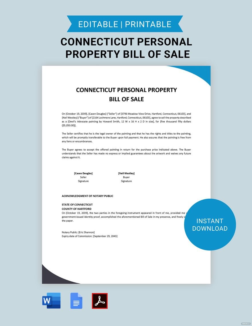 Free Connecticut Personal Property Bill of Sale Form Template in Word, Google Docs, PDF