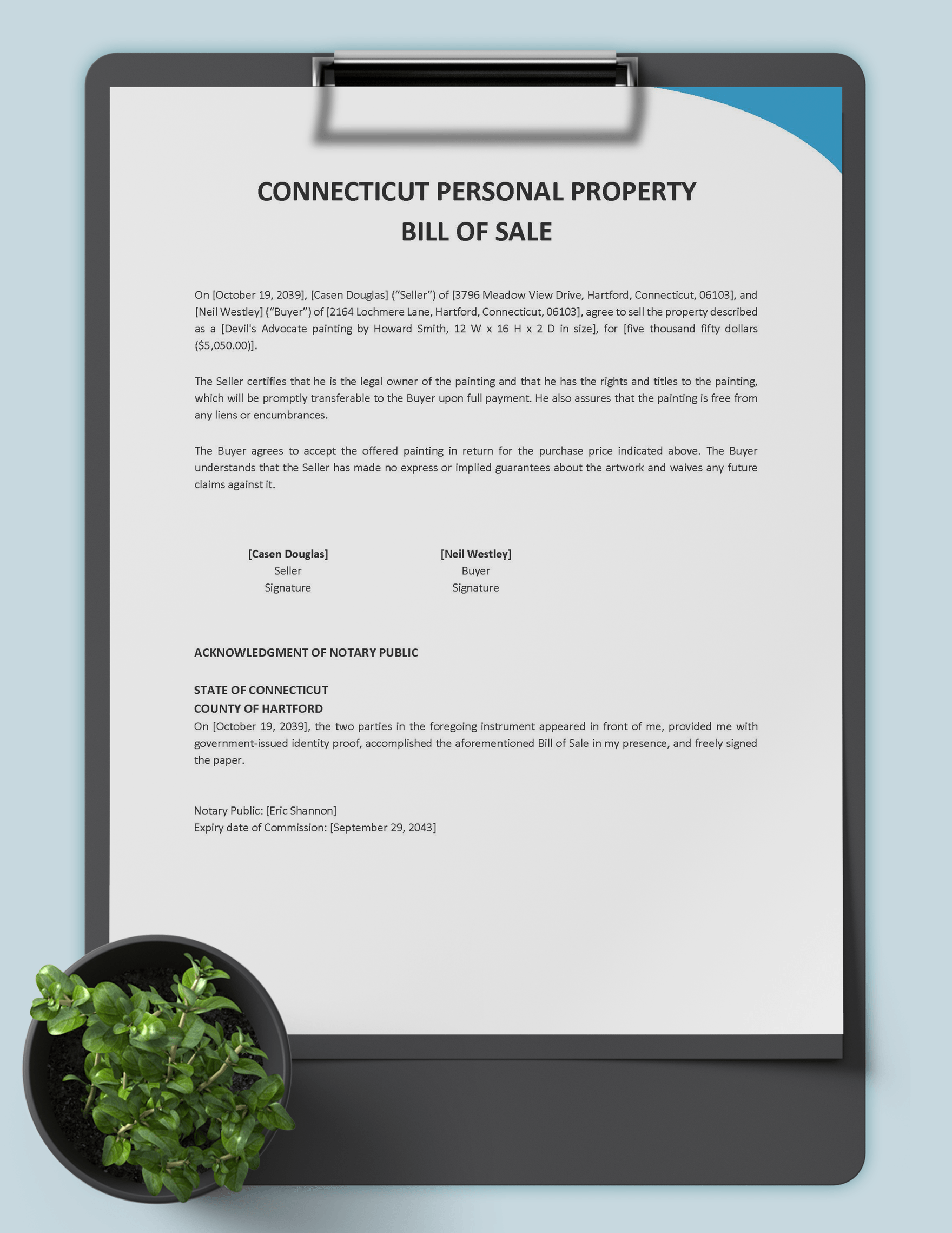 Connecticut Personal Property Bill of Sale Form Template