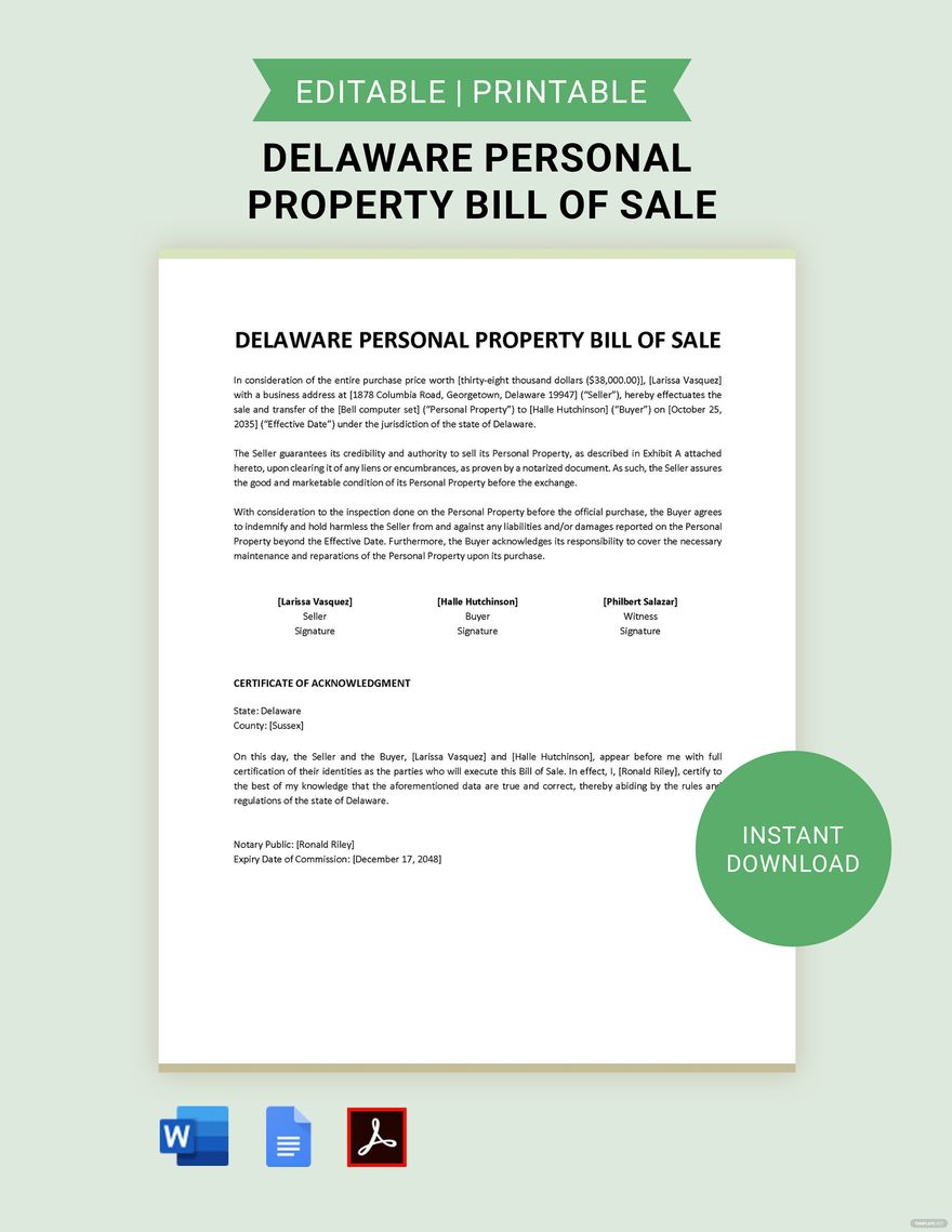 Delaware Personal Property Bill of Sale Template