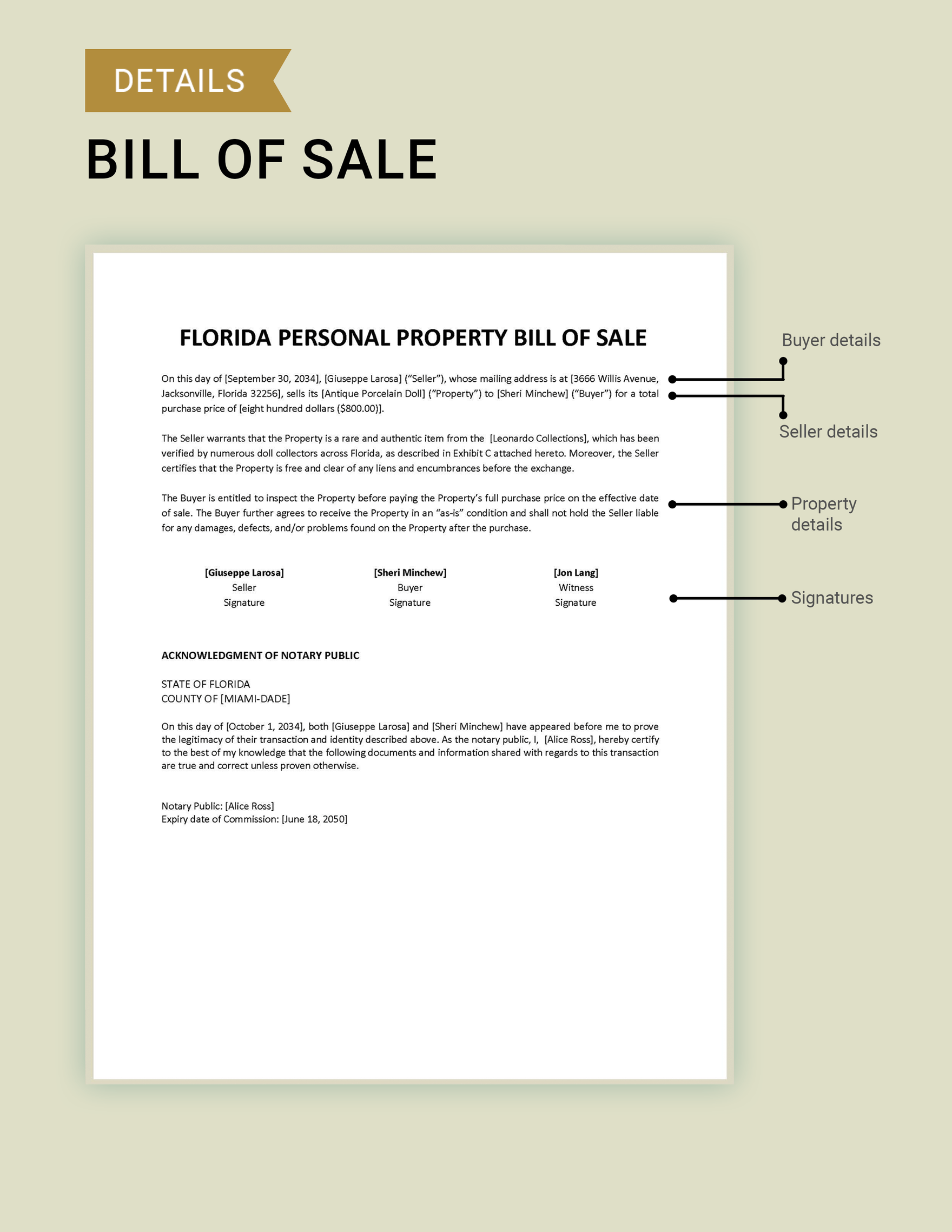Florida Personal Property Bill of Sale Template