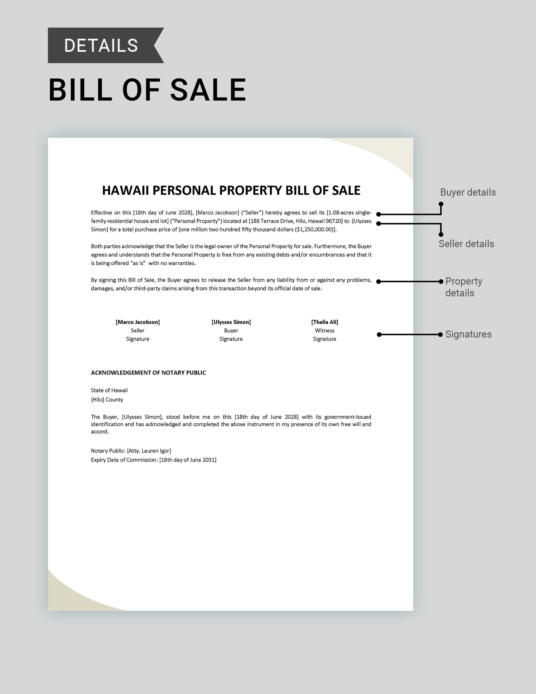 Hawaii Personal Property Bill of Sale Template