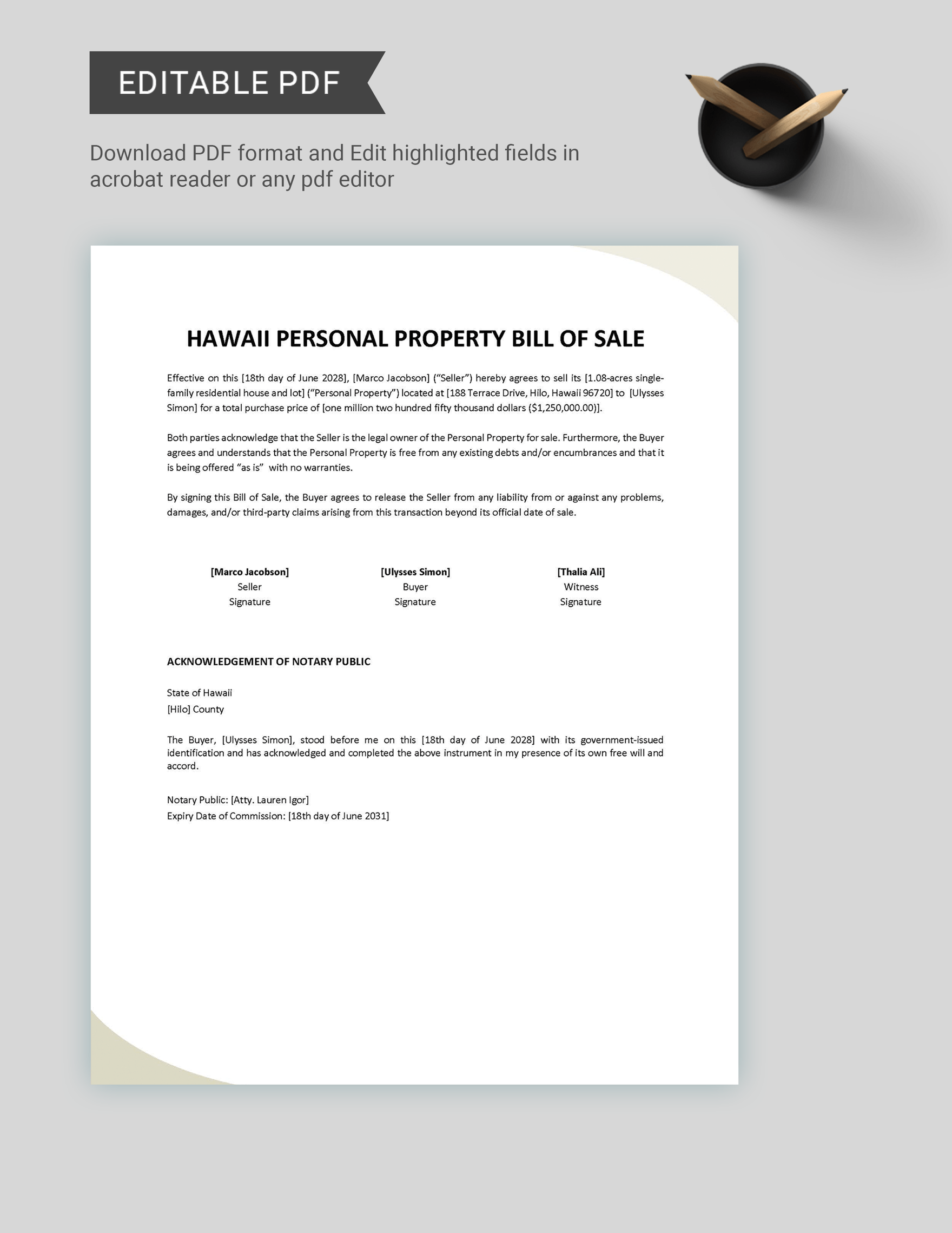 Hawaii Personal Property Bill of Sale Template