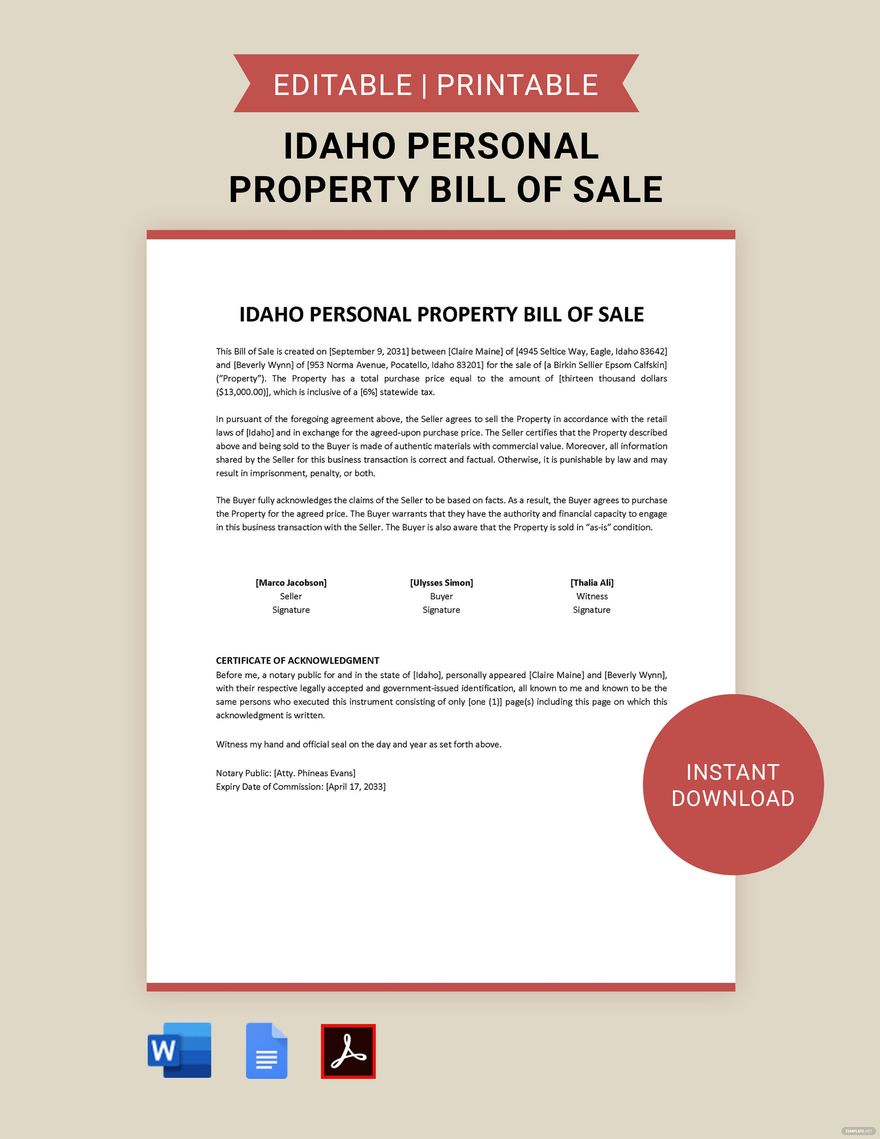 Idaho Personal Property Bill Of Sale Template Download In Word 
