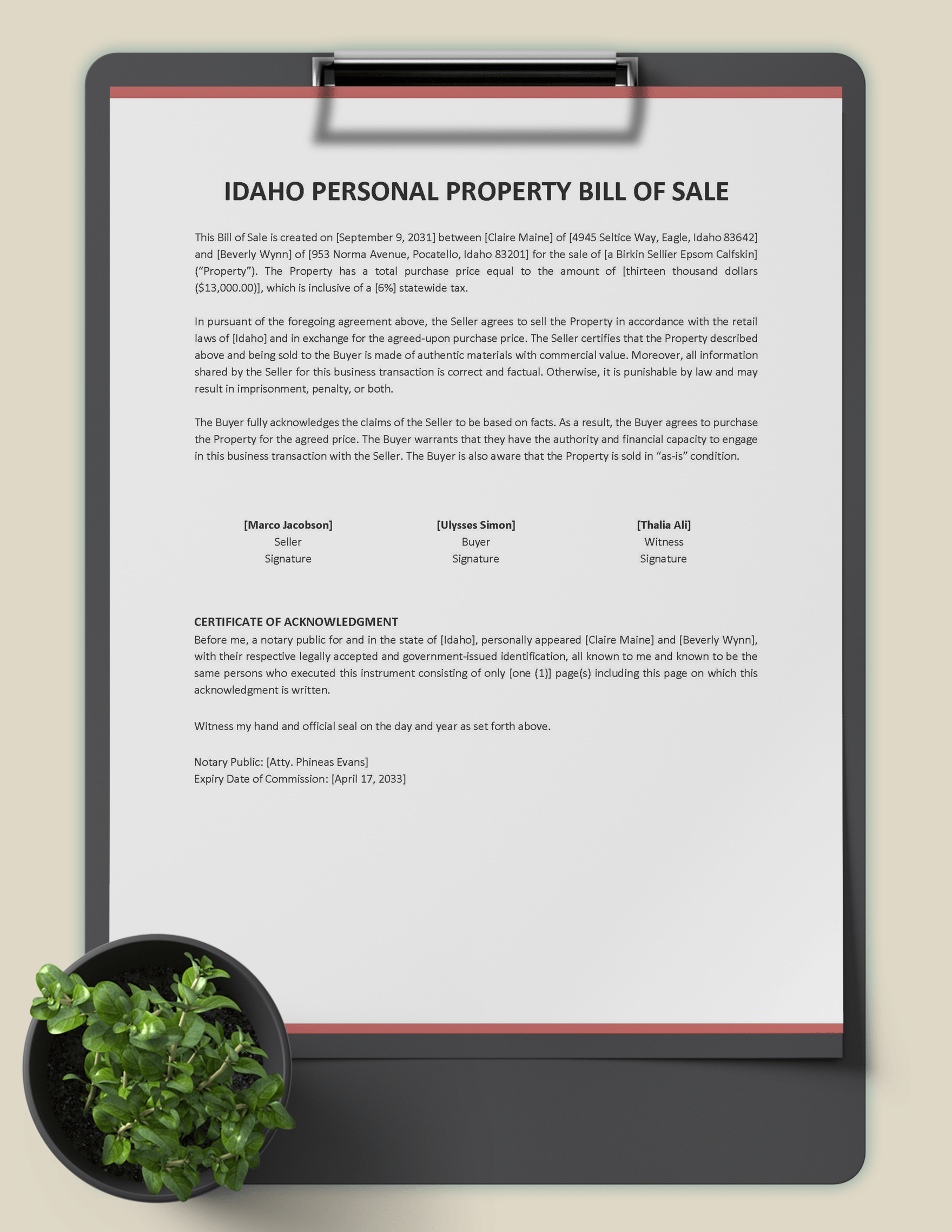 Idaho Personal Property Bill of Sale Template