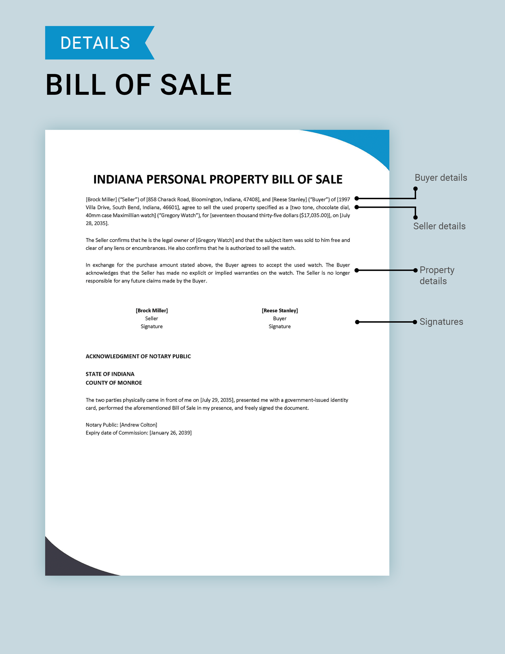 Indiana Personal Property Bill Of Sale Template Google Docs Word 