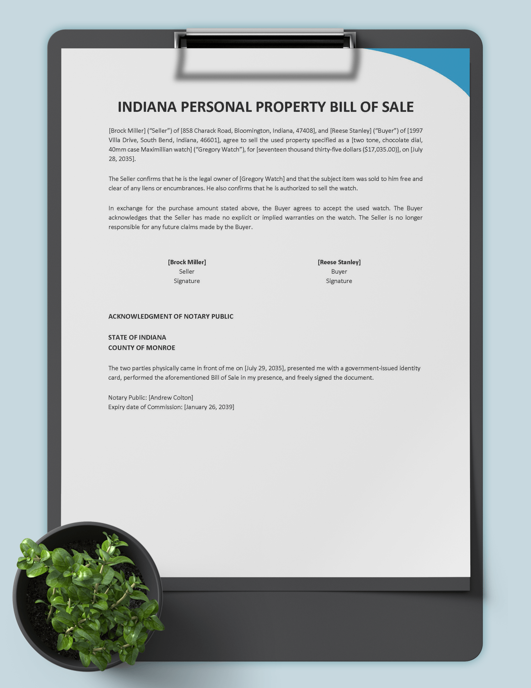 Indiana Personal Property Bill of Sale Template