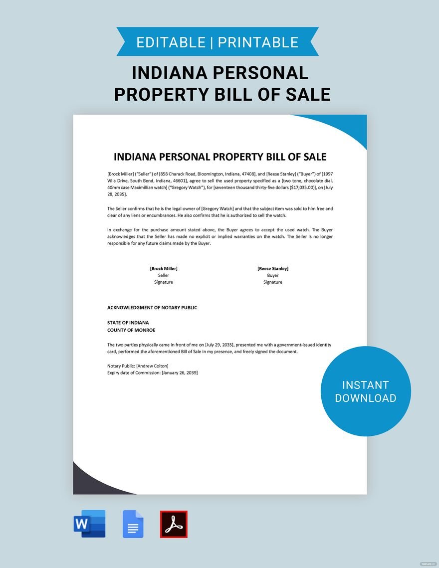 Indiana Personal Property Bill of Sale Template in Word, Google Docs, PDF