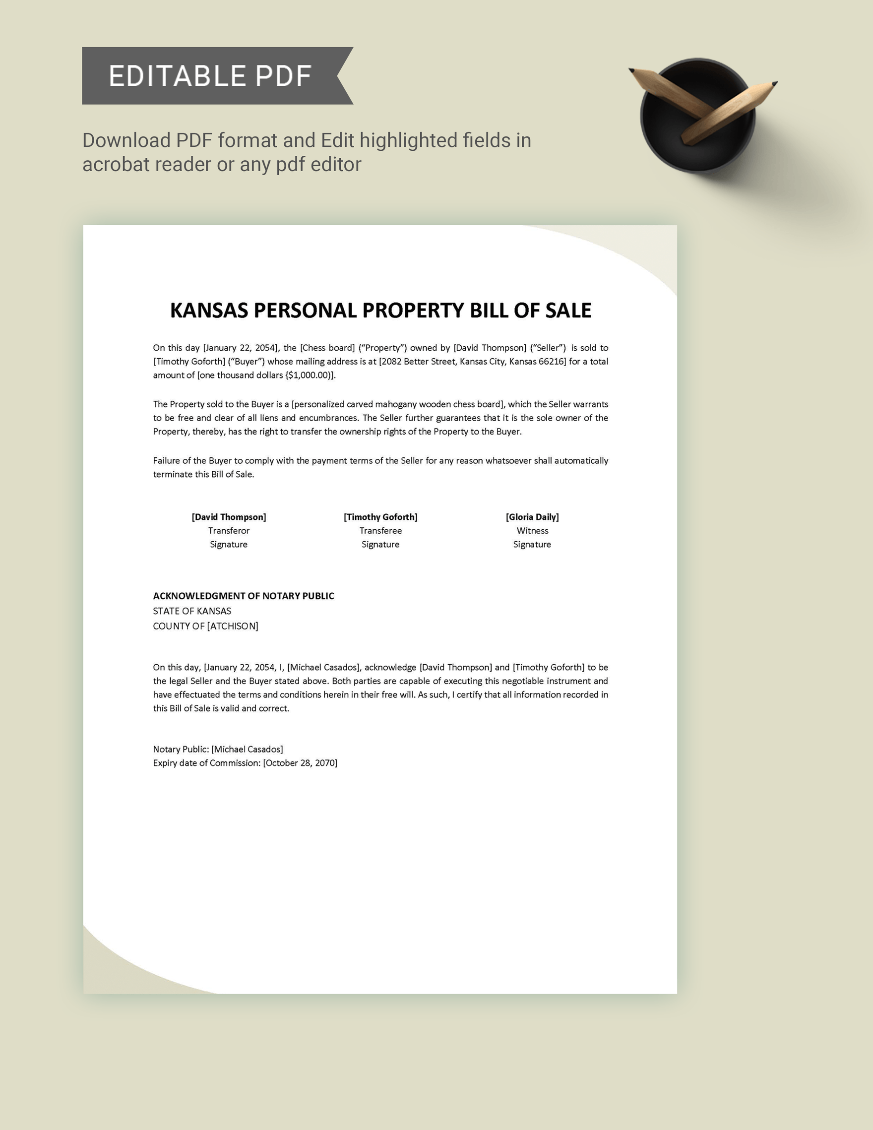 Kansas Personal Property Bill of Sale Form Template