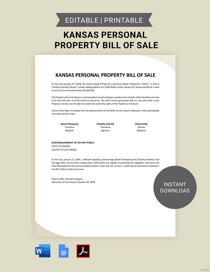 Kansas Personal Property Bill of Sale Form Template in Word, Google Docs, PDF
