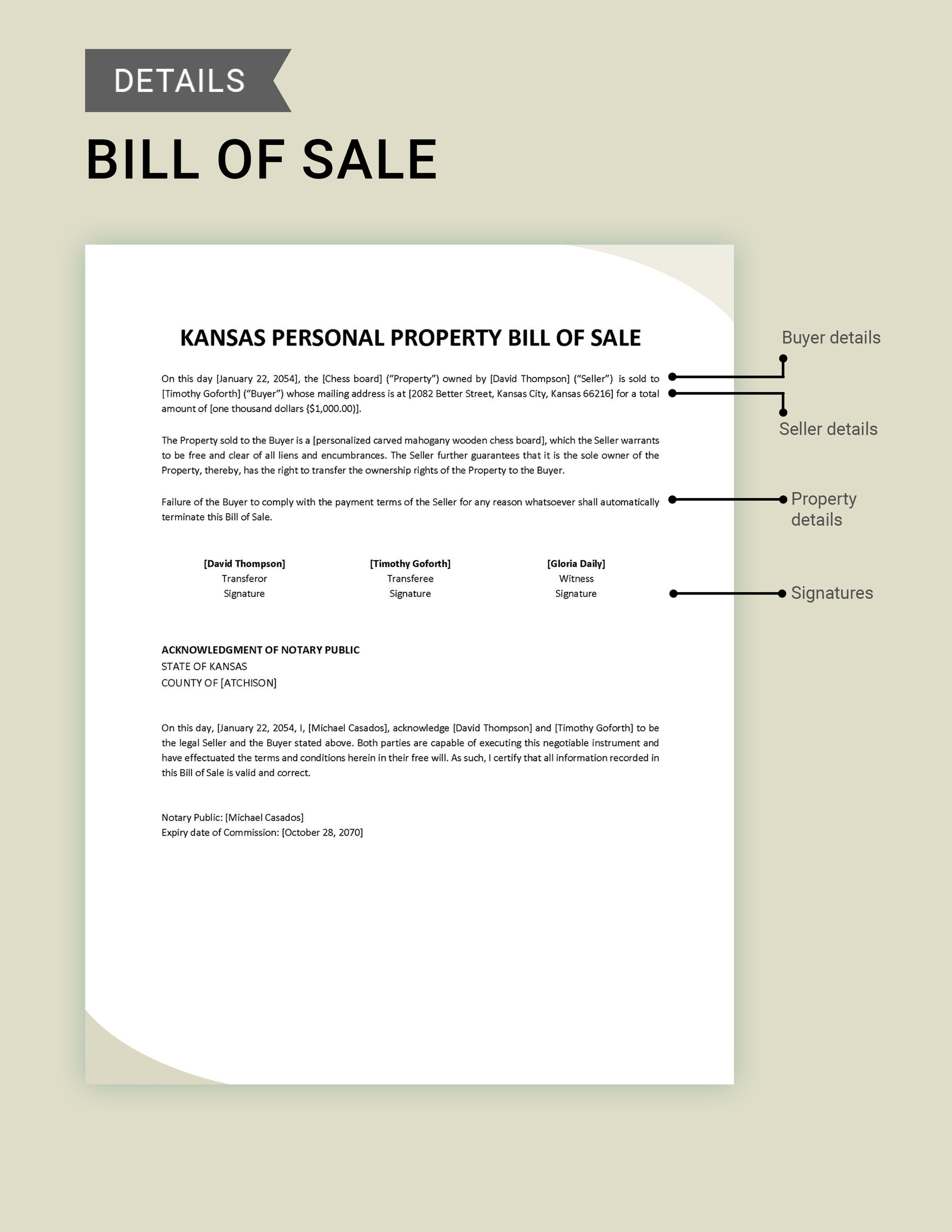 Kansas Personal Property Bill of Sale Form Template