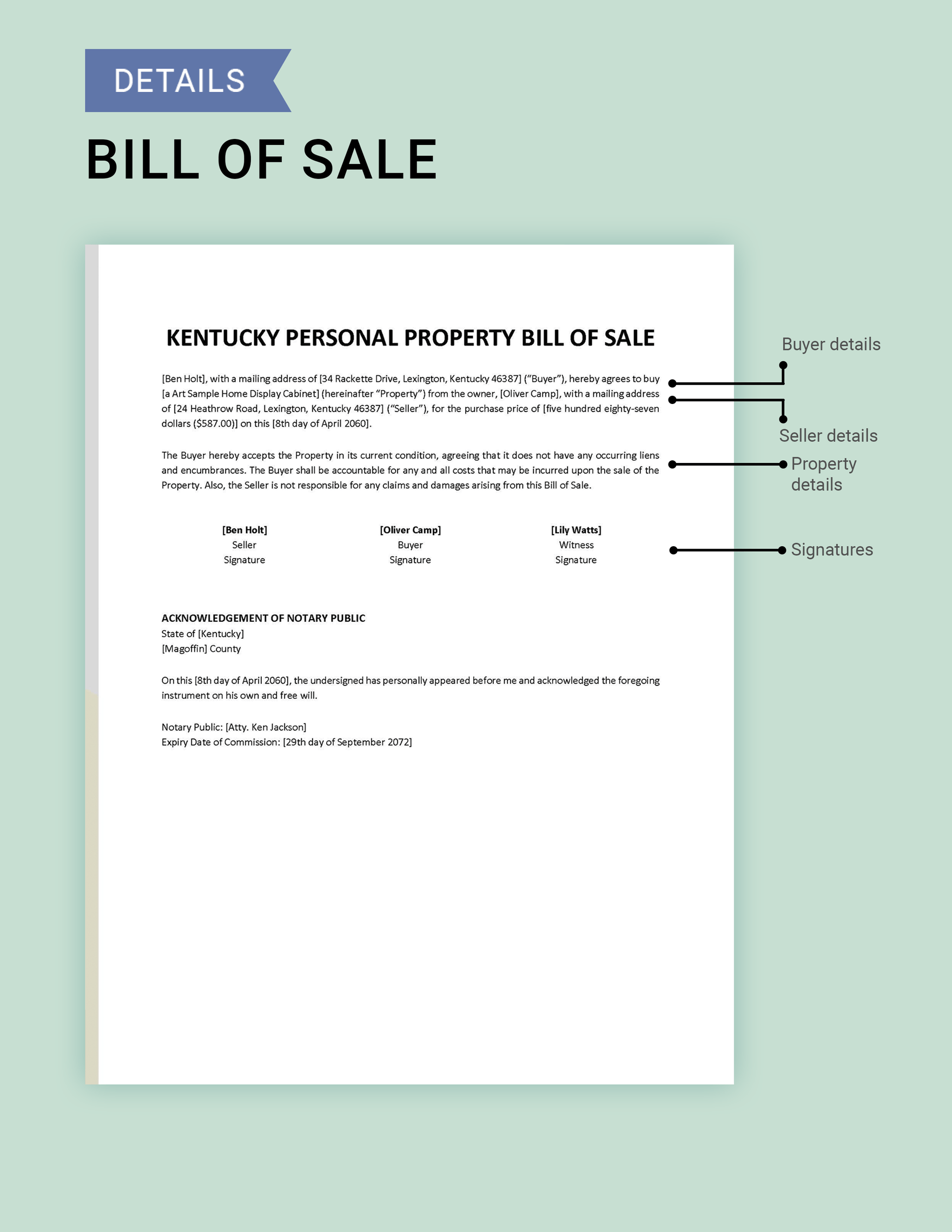Kentucky Personal Property Bill of Sale Template