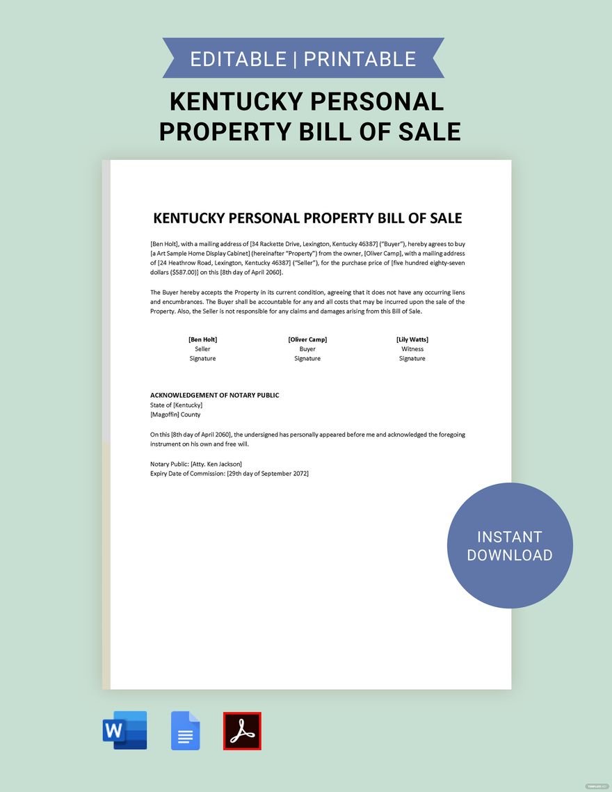 Kentucky Personal Property Bill of Sale Template
