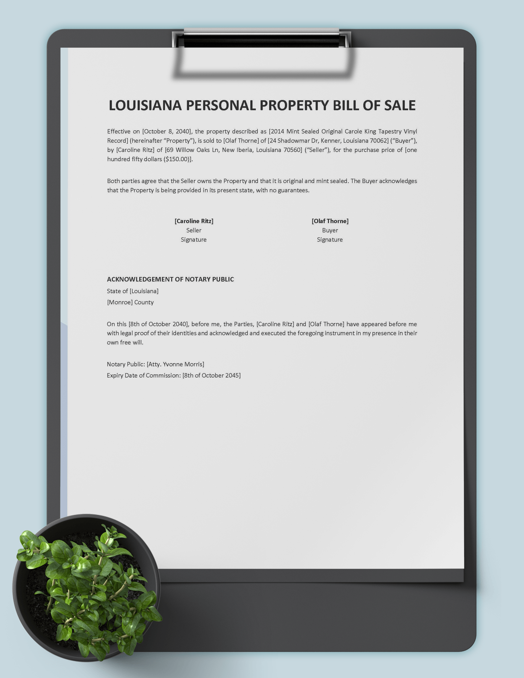 Louisiana Personal Property Bill of Sale Template
