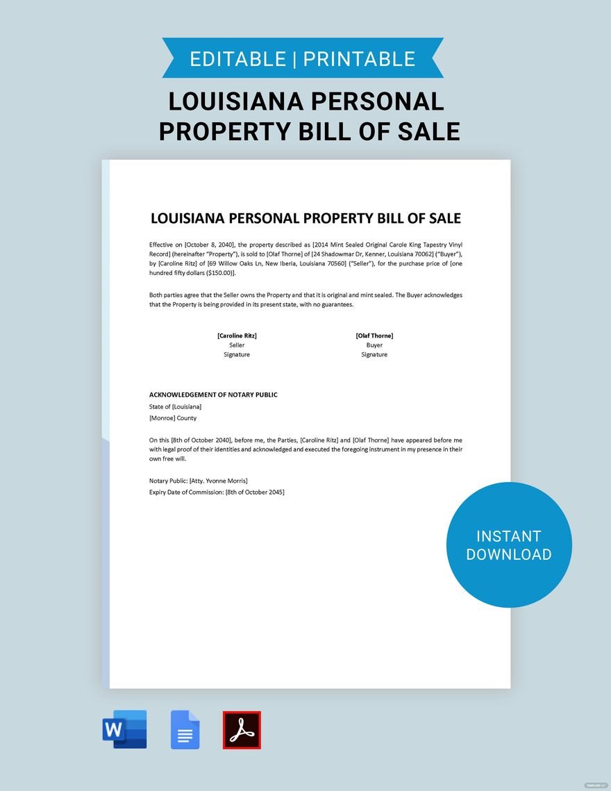 Louisiana Personal Property Bill of Sale Template