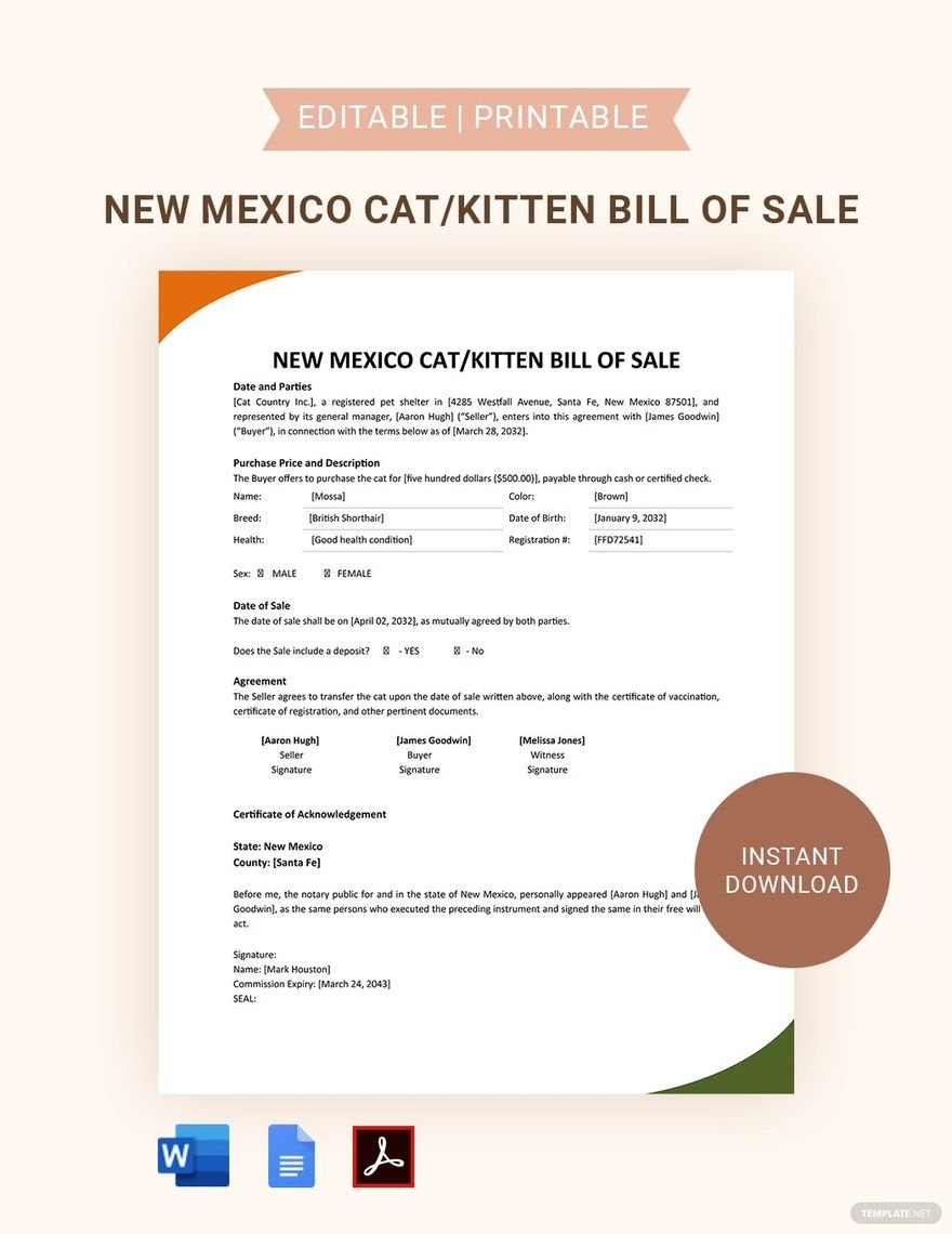New Mexico Cat / Kitten Bill Of Sale Template