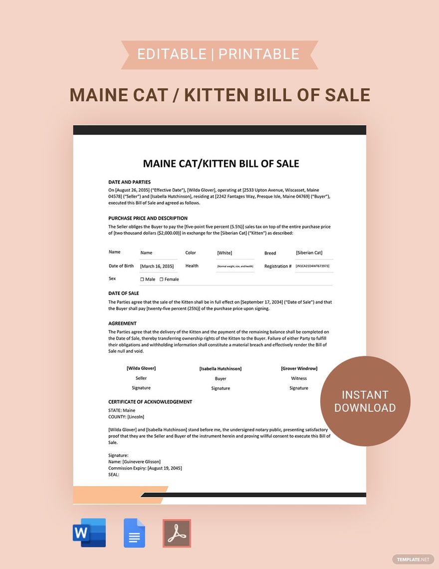 Free Maine Cat / Kitten Bill of Sale Template in Word, Google Docs, PDF