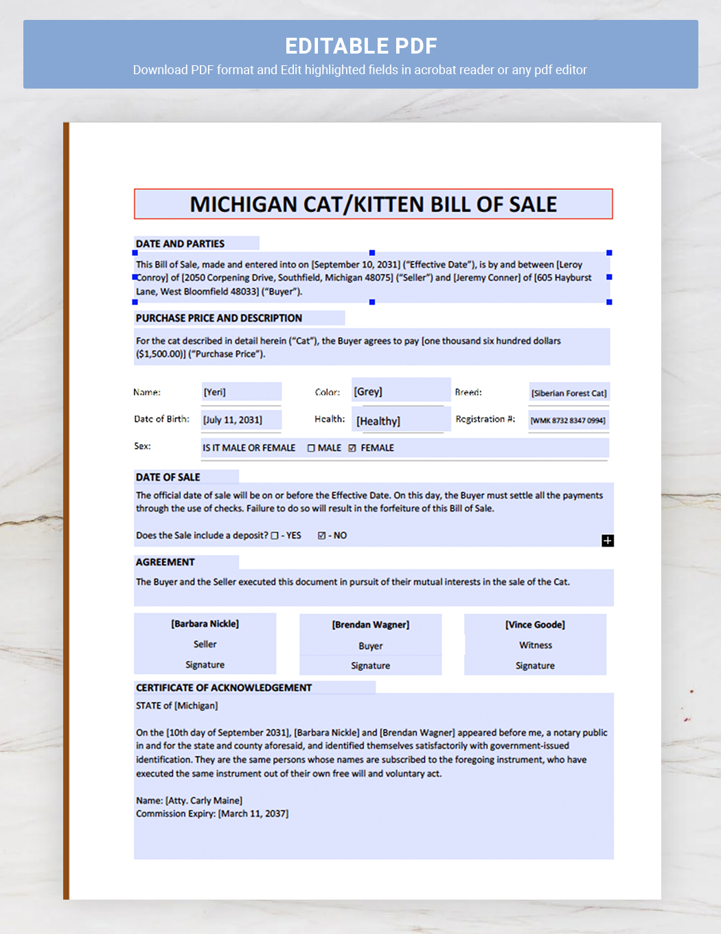 Michigan Cat / Kitten Bill of Sale Template