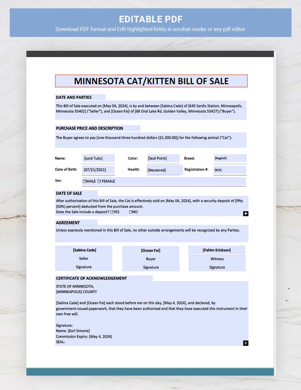 Minnesota Cat / Kitten Bill of Sale Template