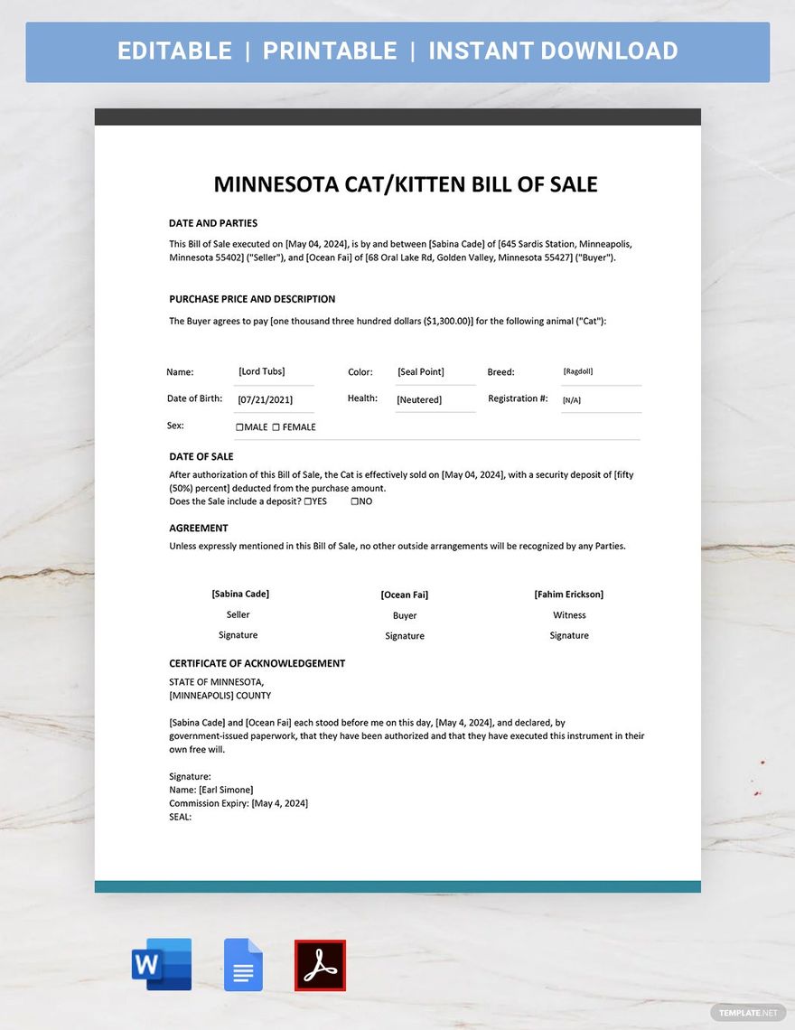 Free Minnesota Cat / Kitten Bill of Sale Template in Word, Google Docs, PDF