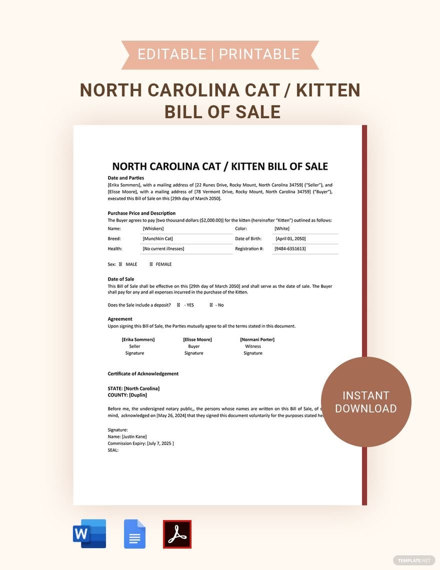 North Carolina Cat / Kitten Bill Of Sale Template