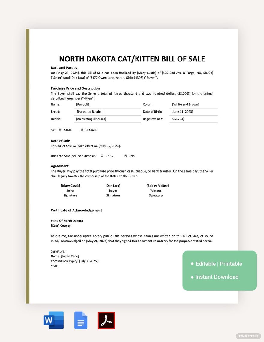North Dakota Cat / Kitten Bill Of Sale Template in Word, Google Docs, PDF
