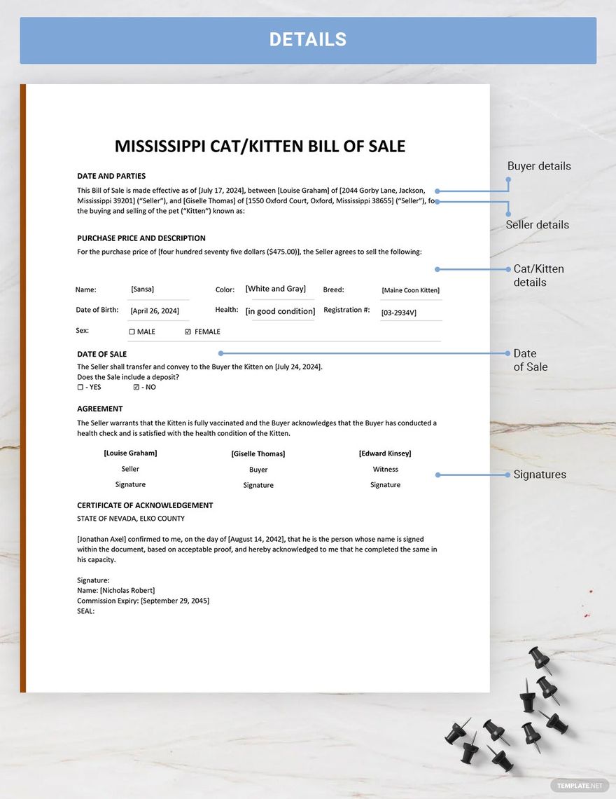Mississippi Cat / Kitten Bill of Sale Template