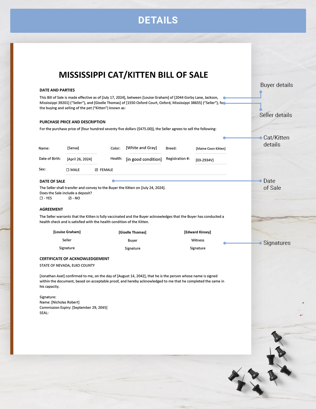 Mississippi Cat / Kitten Bill of Sale Template