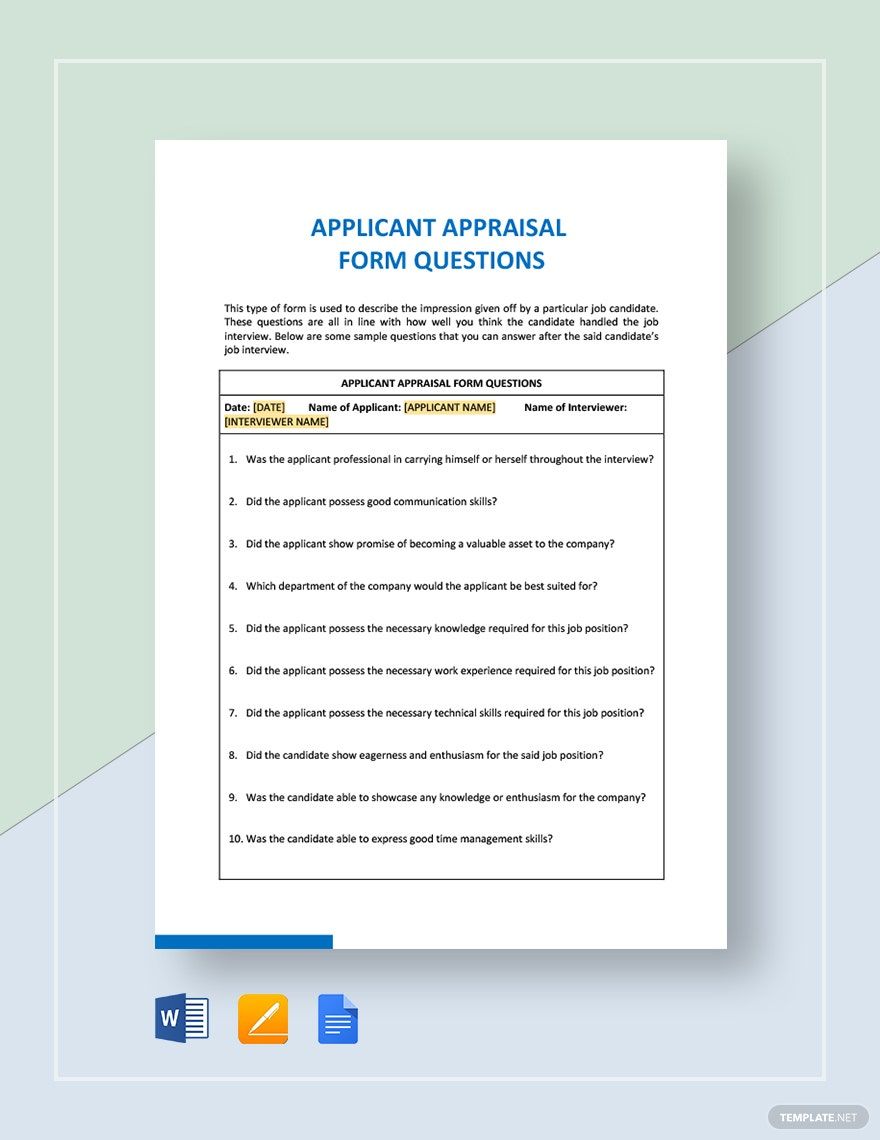 Applicant Appraisal Form Questions Template