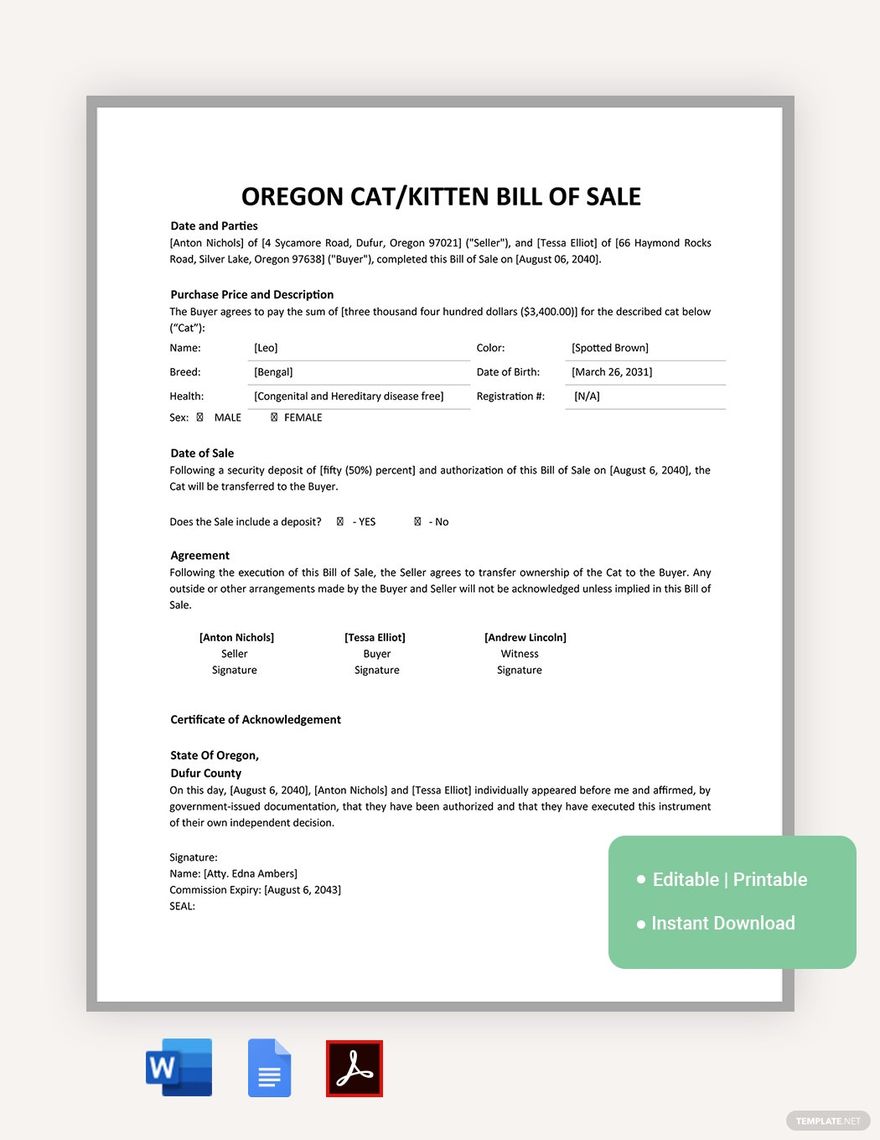 Oregon Cat / Kitten Bill Of Sale Template in Word, Google Docs, PDF